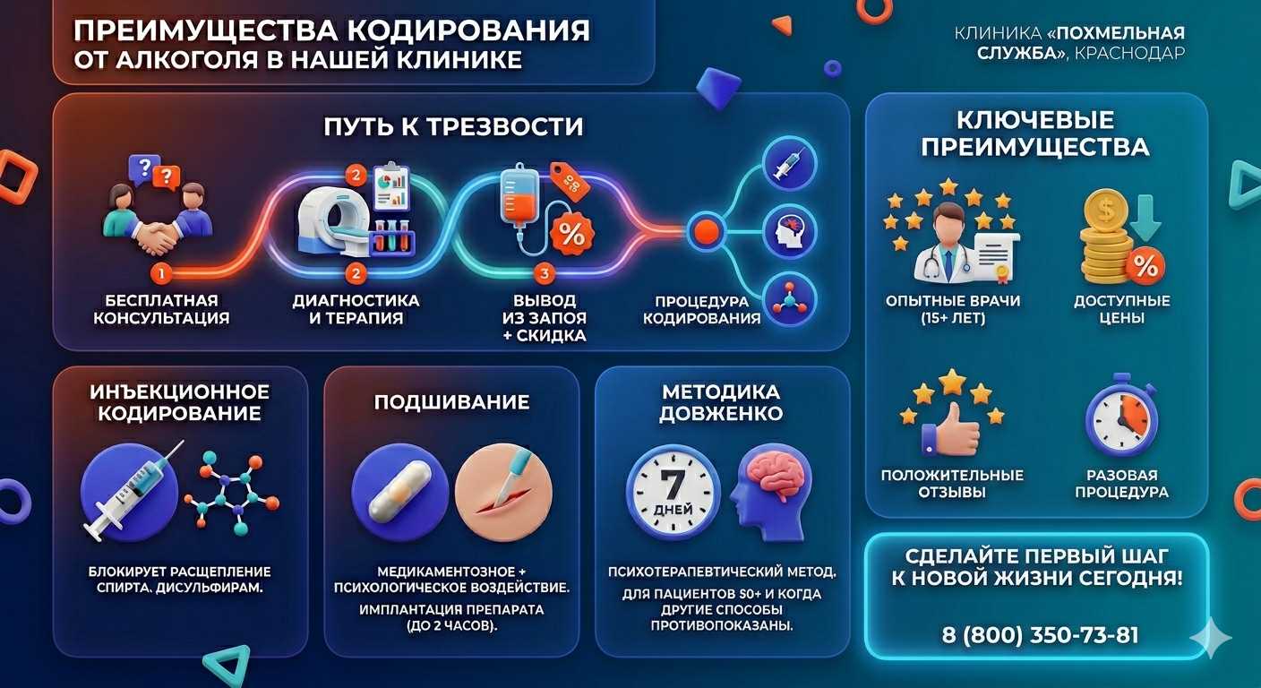 Инфографика о методах кодирования от алкоголя в Кумылженской: инъекции, подшивание, метод Довженко. Преимущества клиники и этапы лечения.