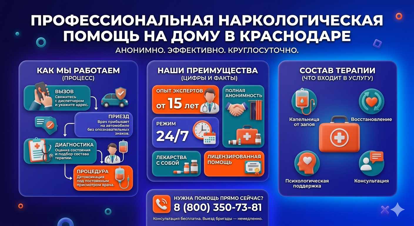 Инфографика о принципах лечения алкоголизма на дому в Кумылженской: этапы вызова нарколога, преимущества анонимной детоксикации и состав медицинской помощи.